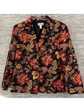 TALBOTS Petites Floral Blazer Jacket Petite 14 Black Red Gold Button Front